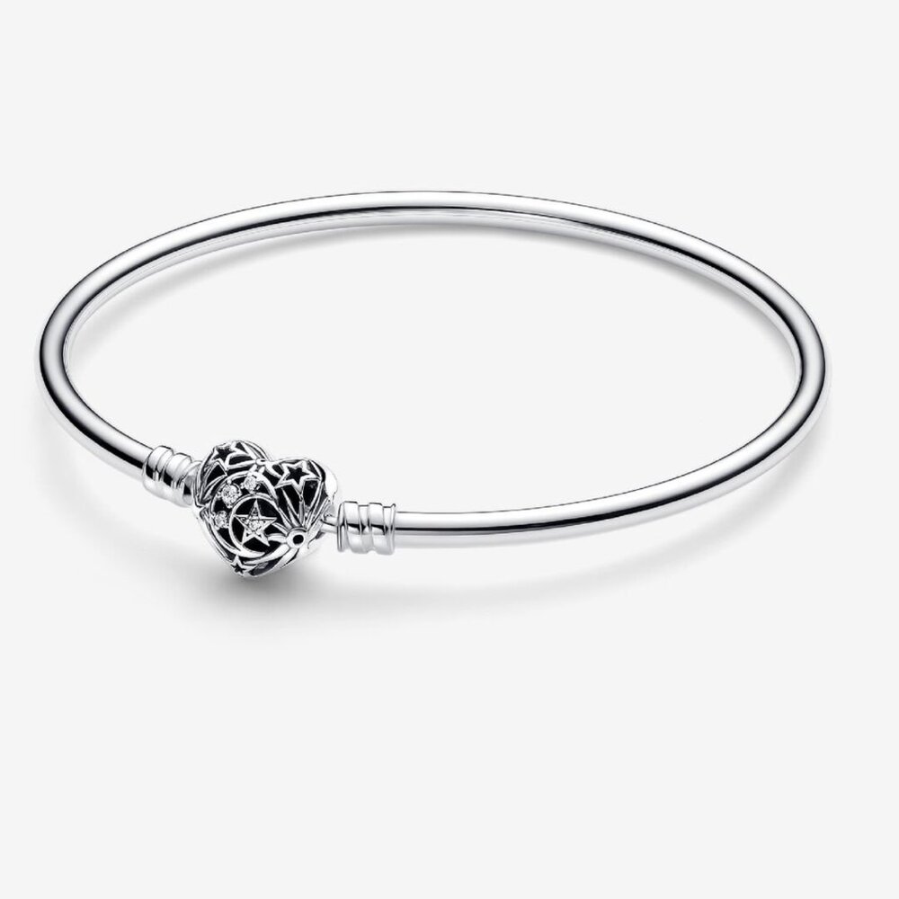 PANDORA Celestial Heart Clasp Bangle Bracelet - Sterling Silver 593400C01 NEW